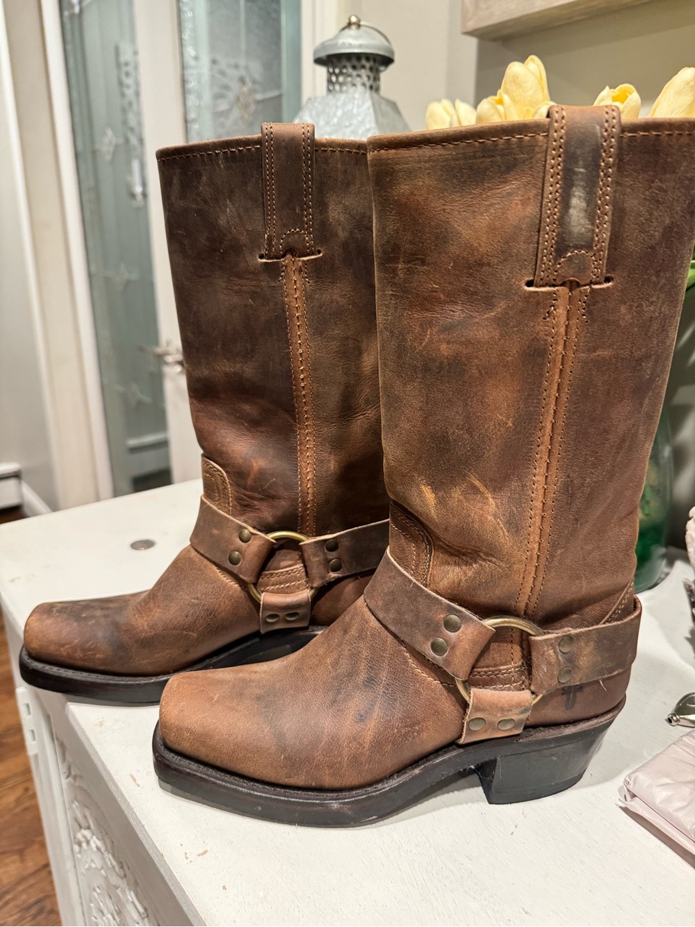 Frye Brown Leather Harness Moto Boots